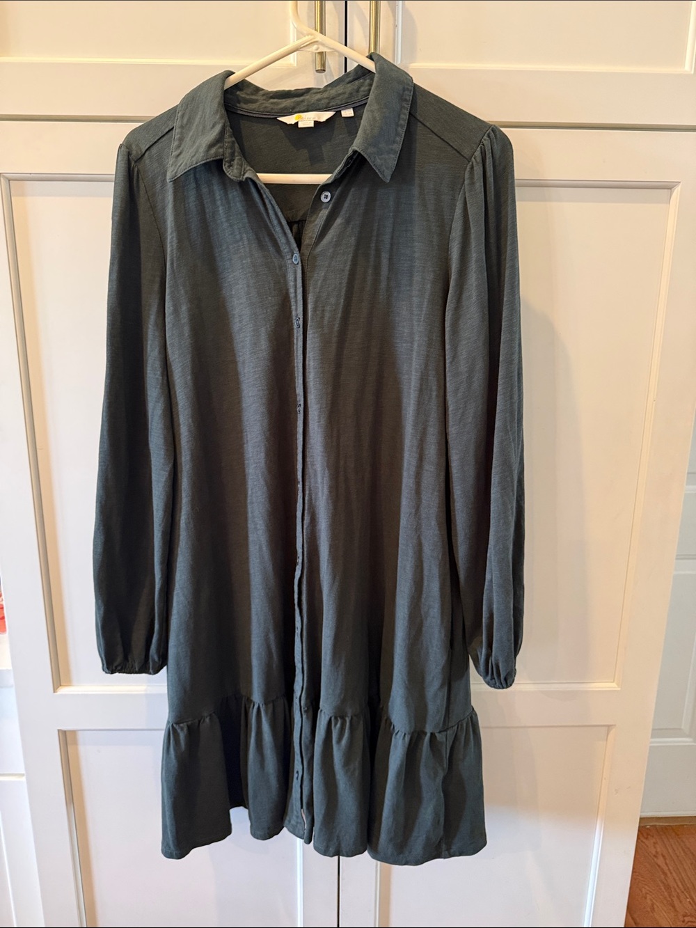Boden Long-Sleeve Ruffle-Hem Shirt Dress - Pine green large